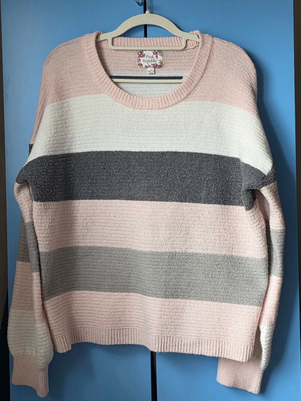 Pink Republic Pastel Pink, White & Gray Striped Crewneck Sweater